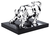 Silver Plated Bull On Wooden Base