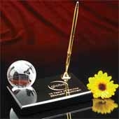 2" Optical Crystal Globe on Marble Base with Pen